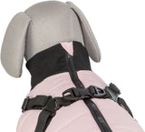 Hundemantel in Rosa mit schwarzem Reißverschluss und verstellbaren schwarzen Gurten.