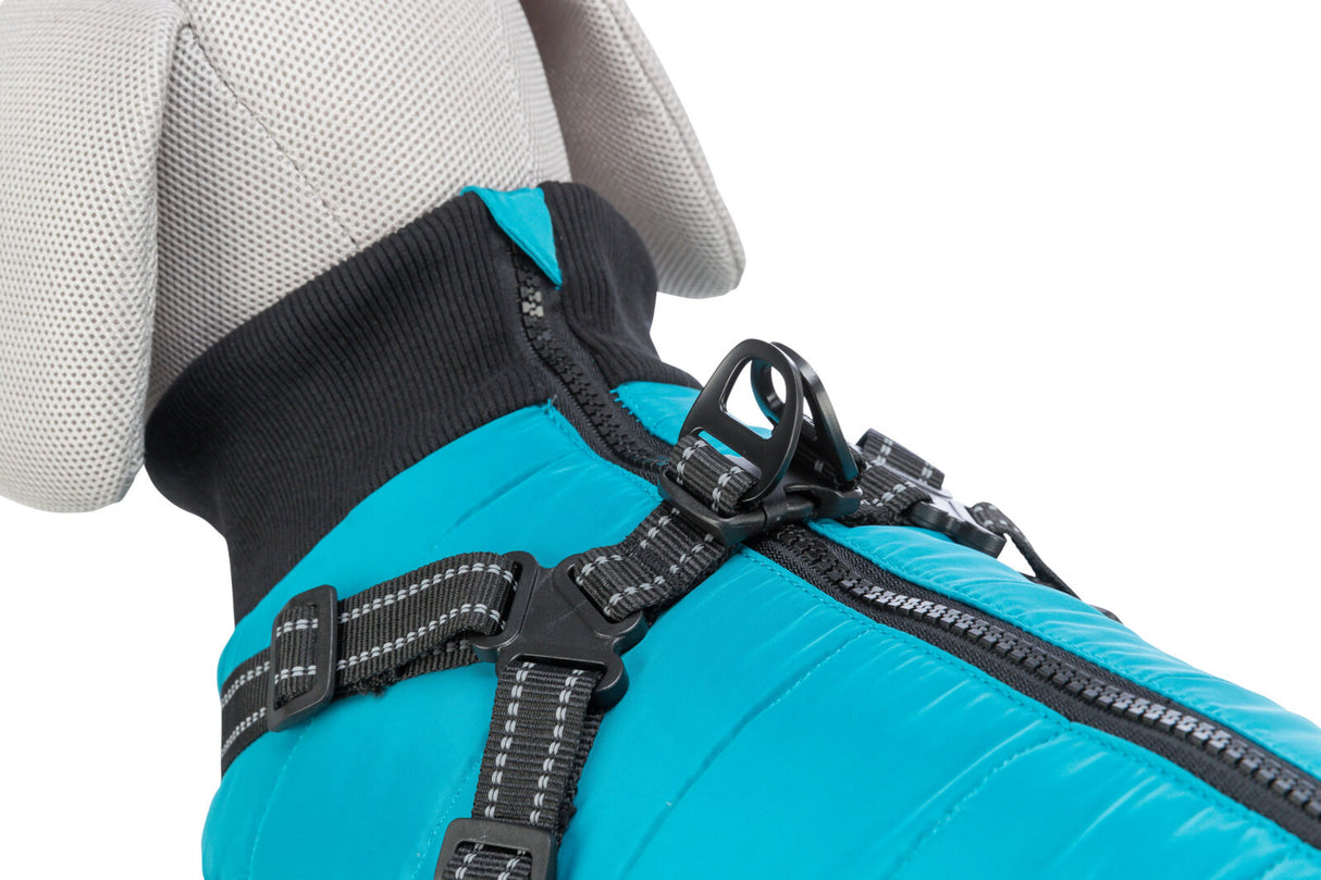 Ein Hundemantel in Türkis mit schwarzem Reißverschluss und verstellbarem Gurt an einem Stofftier präsentiert.