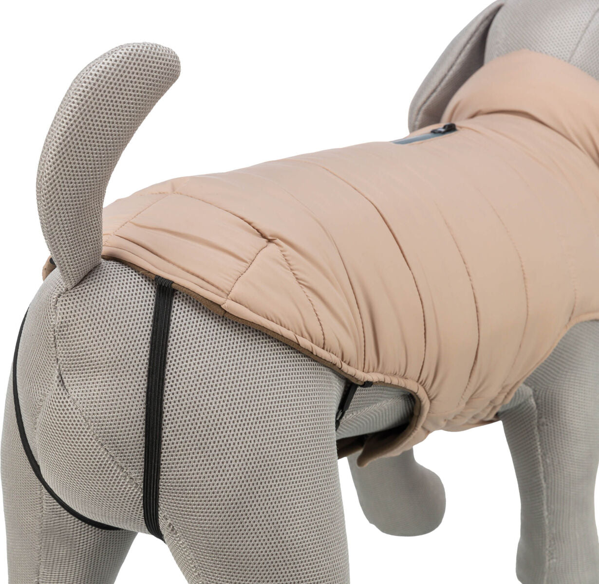 Hundemantel in Beige auf grauer Stoffpuppe mit schwarzem Gummizug an den Beinen befestigt.