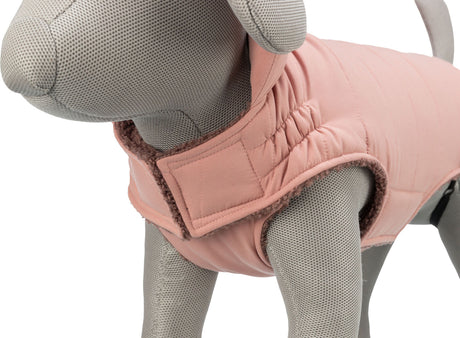 Eine graue Hundepuppe trägt eine rosa wattierte Weste mit Kapuze und einem Verschluss am Hals.