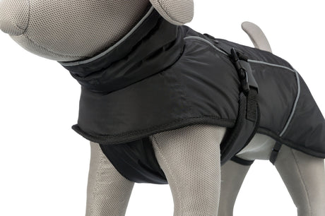 Schwarze Hundejacke mit Gurt auf grauem Stoffmodell, sichtbar von Hals bis Rücken, Detailansicht.
