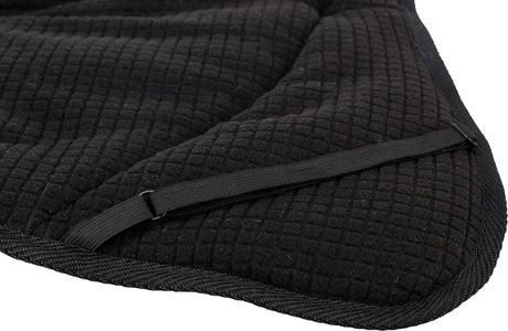 Schwarze, karierte Stoffdecke mit Riemen und Kante, Nahaufnahme der Textur und Struktur.