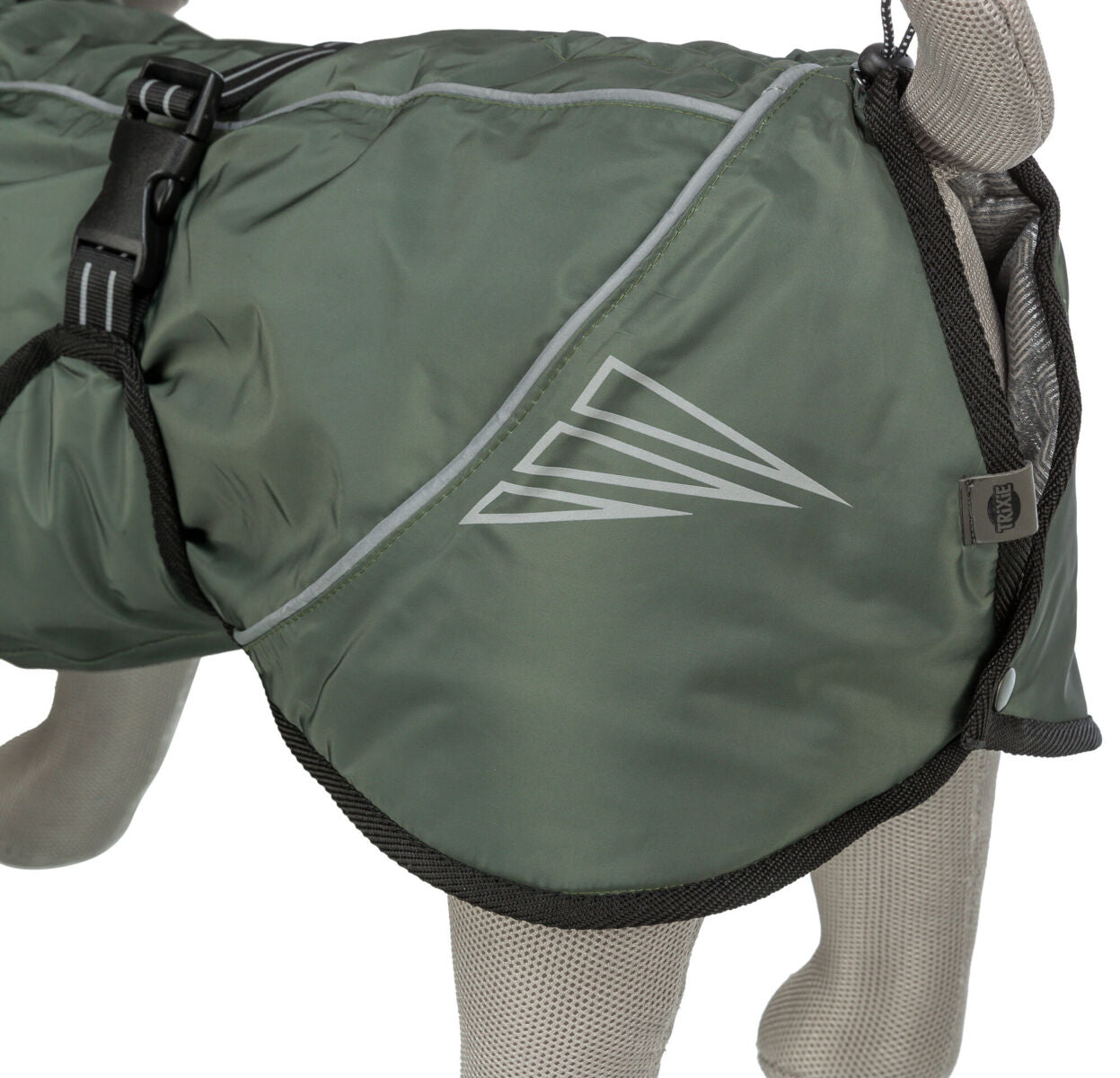 Grüner Hundemantel mit schwarzem Rand und seitlichem Verschluss auf einem grauen Hintergrund.