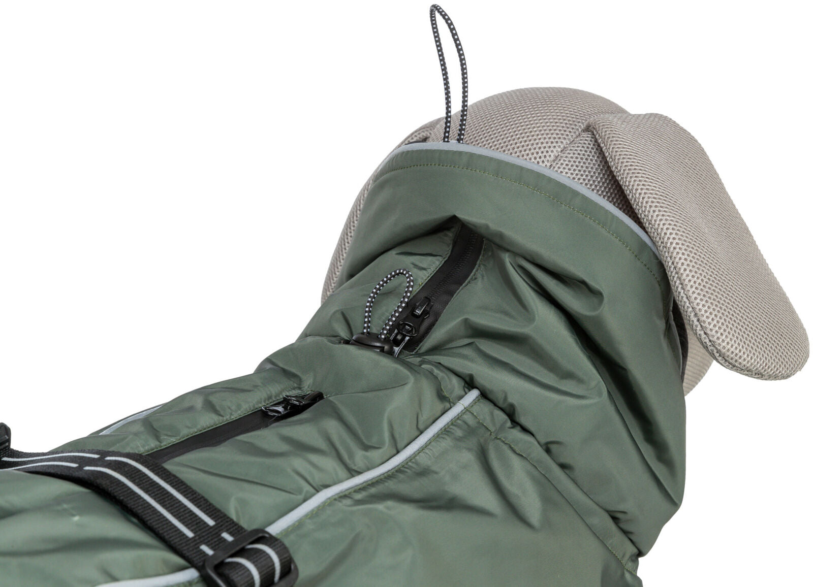 Hundemantel in olivgrün mit reflektierenden Streifen, Reißverschluss und verstellbarer Kapuze für Hunde.