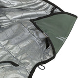 Silbernes geometrisches Muster auf einer olivgrünen, gefütterten Hülle mit schwarzem Rand und Druckknopf.