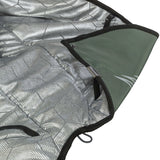 Silbernes geometrisches Muster auf einer olivgrünen, gefütterten Hülle mit schwarzem Rand und Druckknopf.