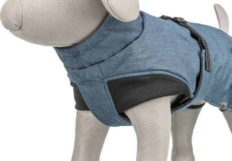 Grauer Stoffhund trägt blaue Weste mit schwarzem Rand und Schnalle am Rücken, beige Hintergrund.