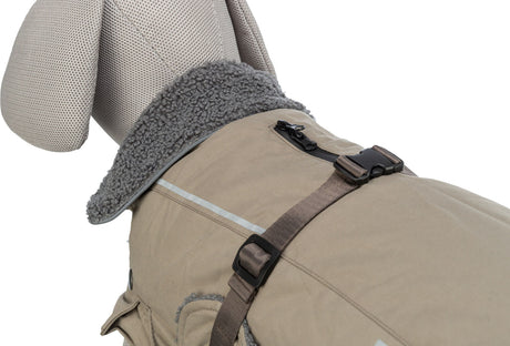 Beiges Hundemantel mit grauem Plüschkragen und reflektierenden Streifen, gesichert durch braune Riemen und Schnalle.