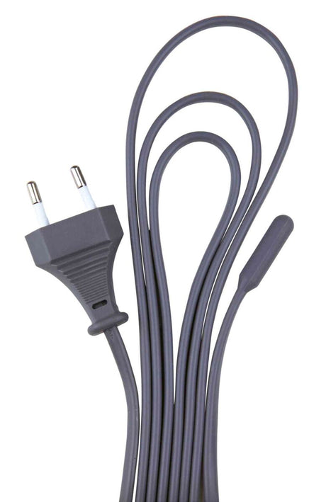 Ein schwarzes Stromkabel mit einem Stecker und zwei Stiften sowie einem integrierten Schalter.