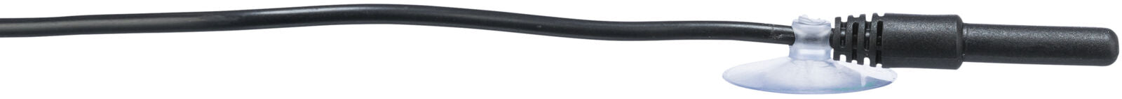 Schwarzes Kabel mit Plastik-Saugnapf und einem zylindrischen Anschlussstück auf weißem Hintergrund.