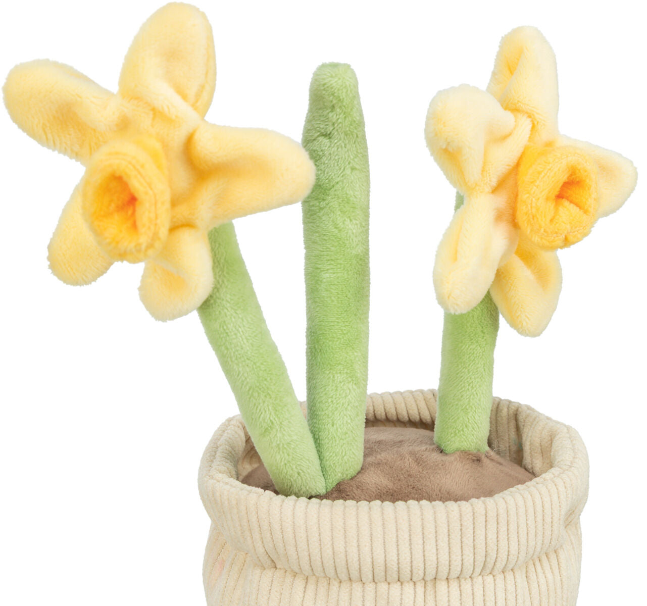 Weiche Plüschblumen in Gelb und Grün in einem hellen, gerippten Topf.