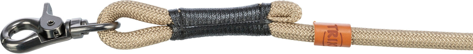 Hellbraunes, geflochtenes Seil mit schwarzem Beschlag und silbernem Verschluss; Logo "TRIXIE" auf braunem Lederetikett.