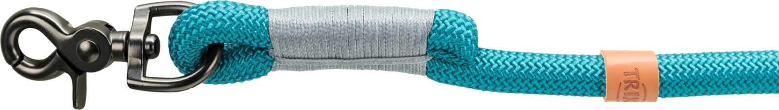 Türkis-blaues, geflochtenes Seil mit metallischem Karabinerhaken und einem grauen Wickelband umwickelt.