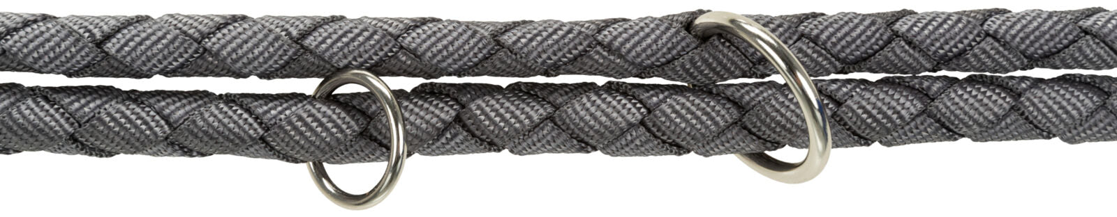Geflochtenes graues Seil mit zwei silbernen Ringen, strukturiertes Material, horizontale Anordnung.