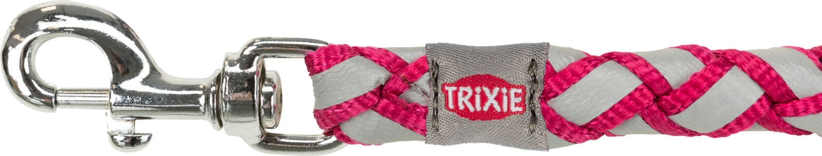 Silberner Karabinerhaken mit grauer Leine, die mit pinken Bändern umwickelt ist, Text "TRIXIE" auf Label.