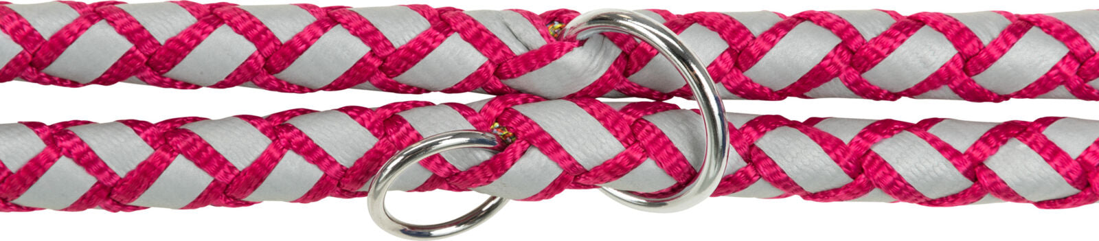 Geflochtenes Seil in Grau und Pink mit zwei silbernen Metallringen, nebeneinander liegend vor weißem Hintergrund.