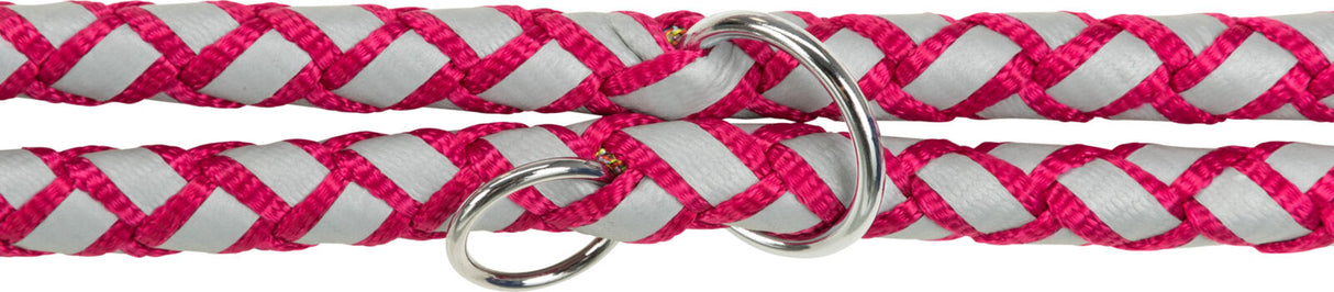 Geflochtenes Seil in Grau und Pink mit zwei silbernen Metallringen, nebeneinander liegend vor weißem Hintergrund.
