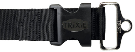 Schwarzer Gurt mit Kunststoffschnalle und Metallring, Marke "TRIXIE" auf Schnalle und Ring sichtbar.