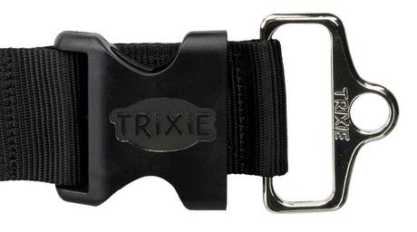 Schwarzer Kunststoffverschluss mit geprägtem "TRIXIE"-Logo an einem schwarzen Gurt und silbernem Metallrahmen.