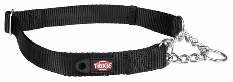 Schwarzes Hundehalsband mit silberfarbener Kette, Textilband und "Trixie"-Logo.