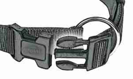 Schwarzes Halsband mit Klickverschluss und Metallring, Nahaufnahme des Verschlussbereichs.