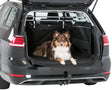Ein Hund liegt auf einer schwarzen Schutzmatte im geöffneten Kofferraum eines grauen Autos.