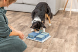 Hund spielt mit einem blauen und grünen interaktiven Spielzeug auf einem Holzboden, während eine Person daneben kniet.