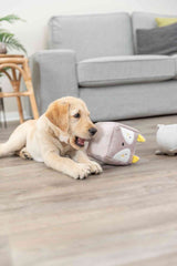 Ein heller Hund spielt auf einem Holzboden mit einem Plüschspielzeug in Form einer Eule, im Hintergrund ein graues Sofa.