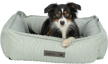 Hund liegt in einem hellen, gerippten Hundebett mit „homeEdition TRIXIE“-Etikett.