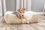 Ein kleiner Hund liegt in einem beigen Hundebett auf einem Holzboden.