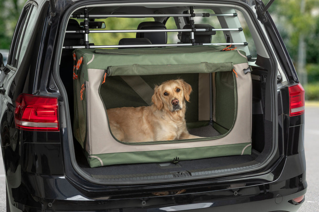 Ein Hund liegt in einem grünen Transportkäfig im Kofferraum eines Autos.