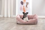 Hund liegt in einem rosa Hundebett auf einem Holzboden, im Hintergrund ein verschwommenes Kunstwerk an der Wand.