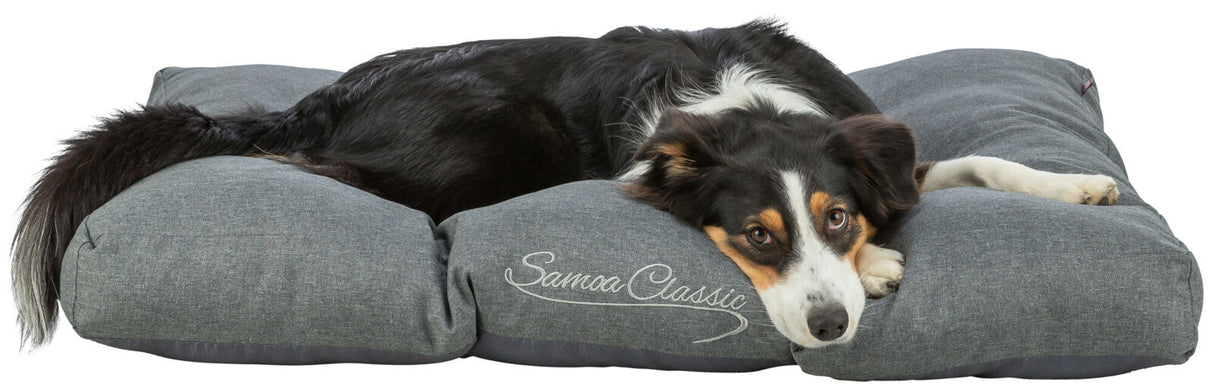 Ein Hund liegt auf einem großen, grauen Hundebett mit der Aufschrift "Samoa Classic".
