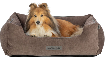 Hund in braunem Hundebett mit Aufschrift "homeEdition" und "TRIXIE" auf Vorderseite, weißer Hintergrund.