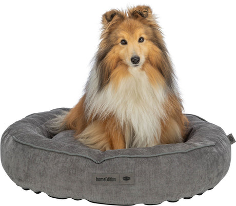 Ein Hund sitzt auf einem grauen, runden Tierbett mit einem Schild "homeEdition TRIXIE".