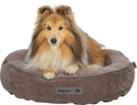 Brauner Hund sitzt auf einem runden, braunen Hunde-Bett mit weichem Rand und Etikett "homeEdition".
