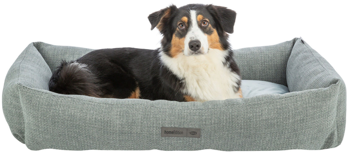 Ein schwarz-weiß-brauner Hund liegt in einem rechteckigen, grauen Hundebett mit Textlabel auf der Vorderseite.