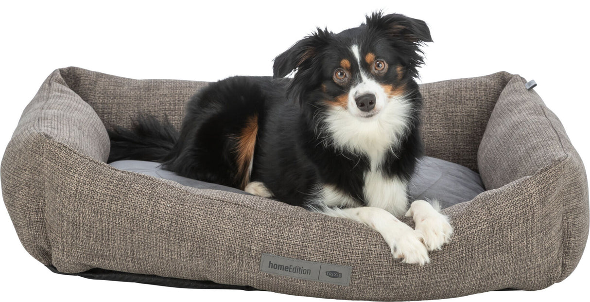 Ein Hund liegt in einem grauen Hundebett mit einem Etikett, auf dem "homeEdition TRIXIE" steht.