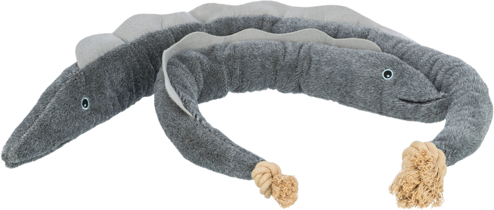 Langes, graues Plüschspielzeug mit zwei Augen und beige geflochtenen Enden, das einer Schlange ähnelt.