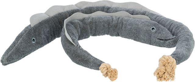 Langes, graues Plüschspielzeug mit zwei Augen und beige geflochtenen Enden, das einer Schlange ähnelt.