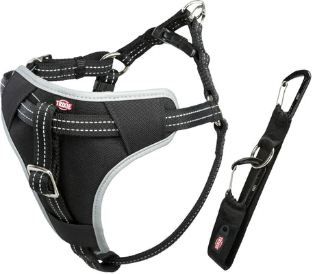 Schwarzes Hundegeschirr mit weißen Nähten und silbernen Ringen, inklusive schwarzem Karabinerhaken.