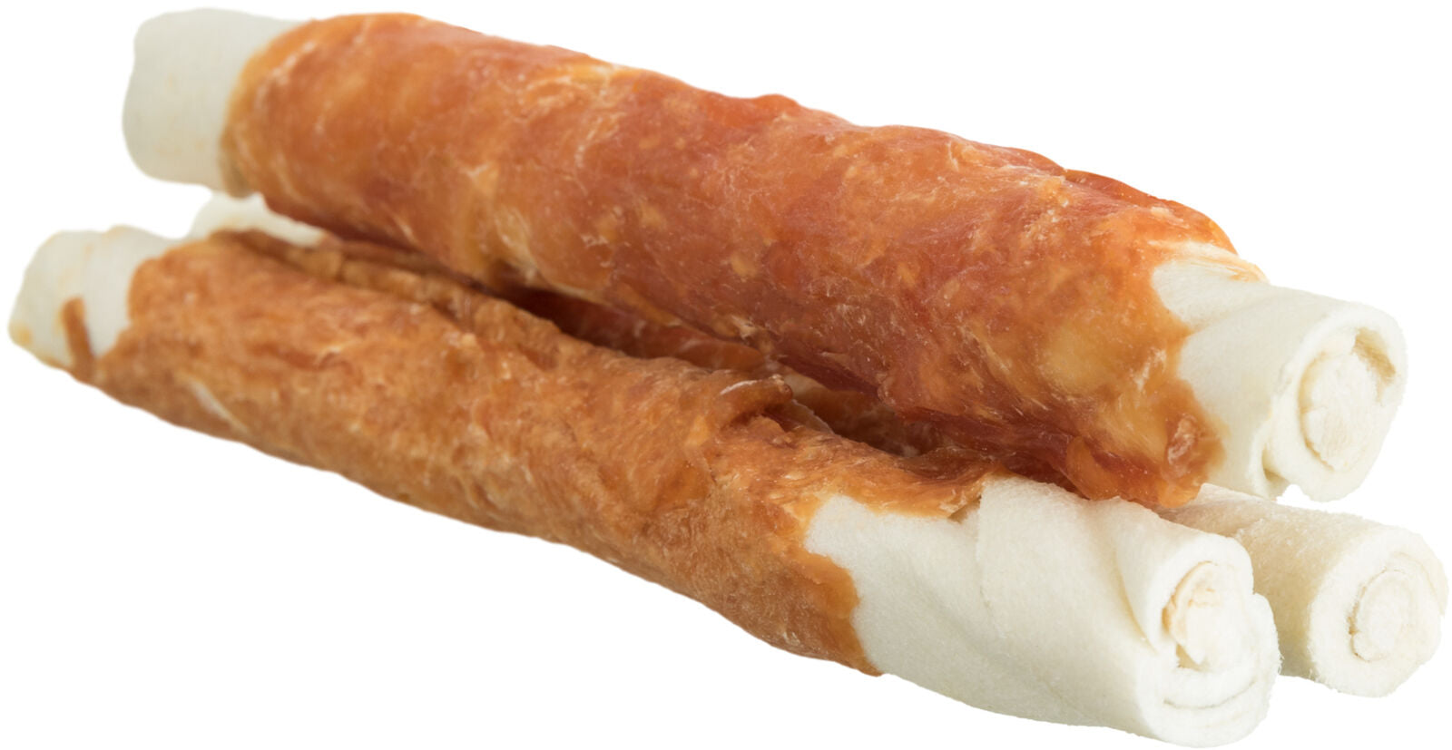 Drei zusammengerollte Kauknochen aus weißem Material, teilweise mit braunem Fleisch umwickelt.