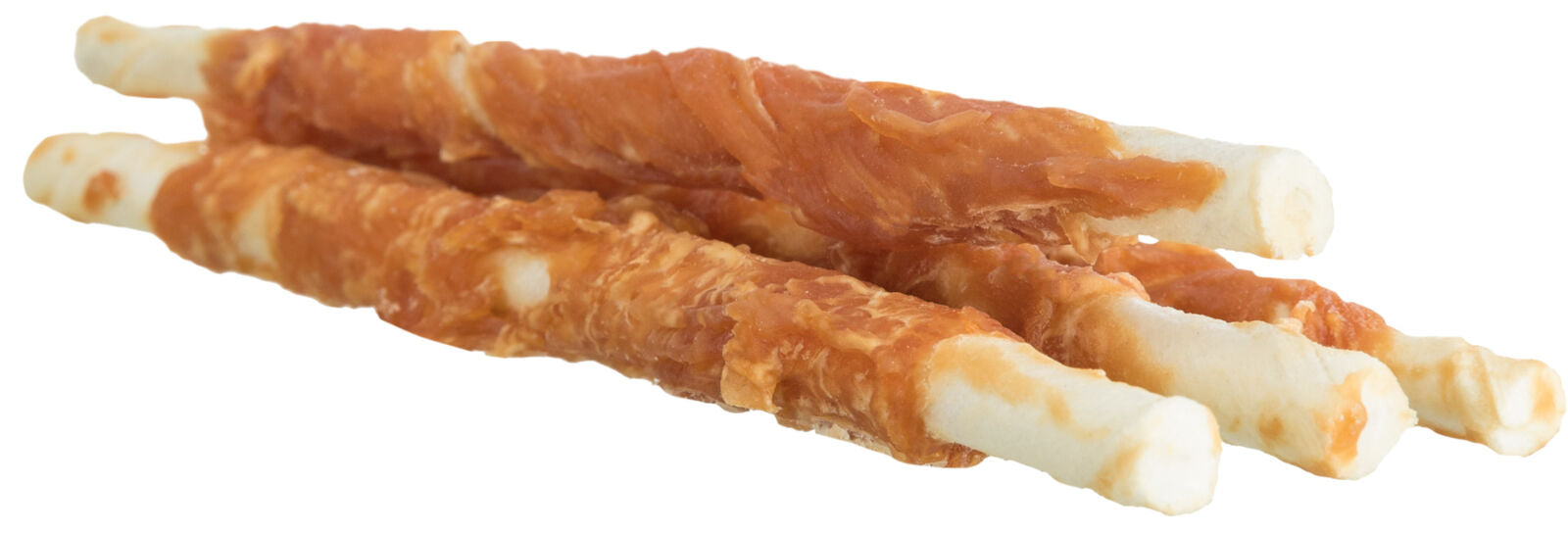 Drei Kauknochen mit heller Basis, umwickelt mit einer bräunlichen Schicht, auf weißem Hintergrund.