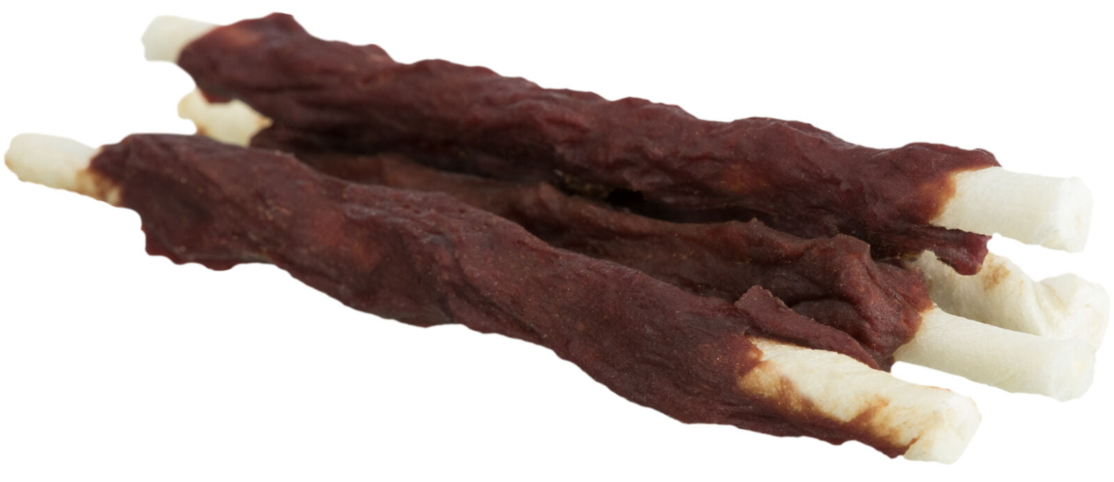 Braune, längliche Stangen mit weißem Kern, die wie Kauknochen aussehen, liegen nebeneinander auf weißem Hintergrund.