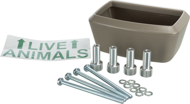 Braune rechteckige Schale, vier Metallhalterungen, Schrauben, Unterlegscheiben und grüner Text "LIVE ANIMALS".