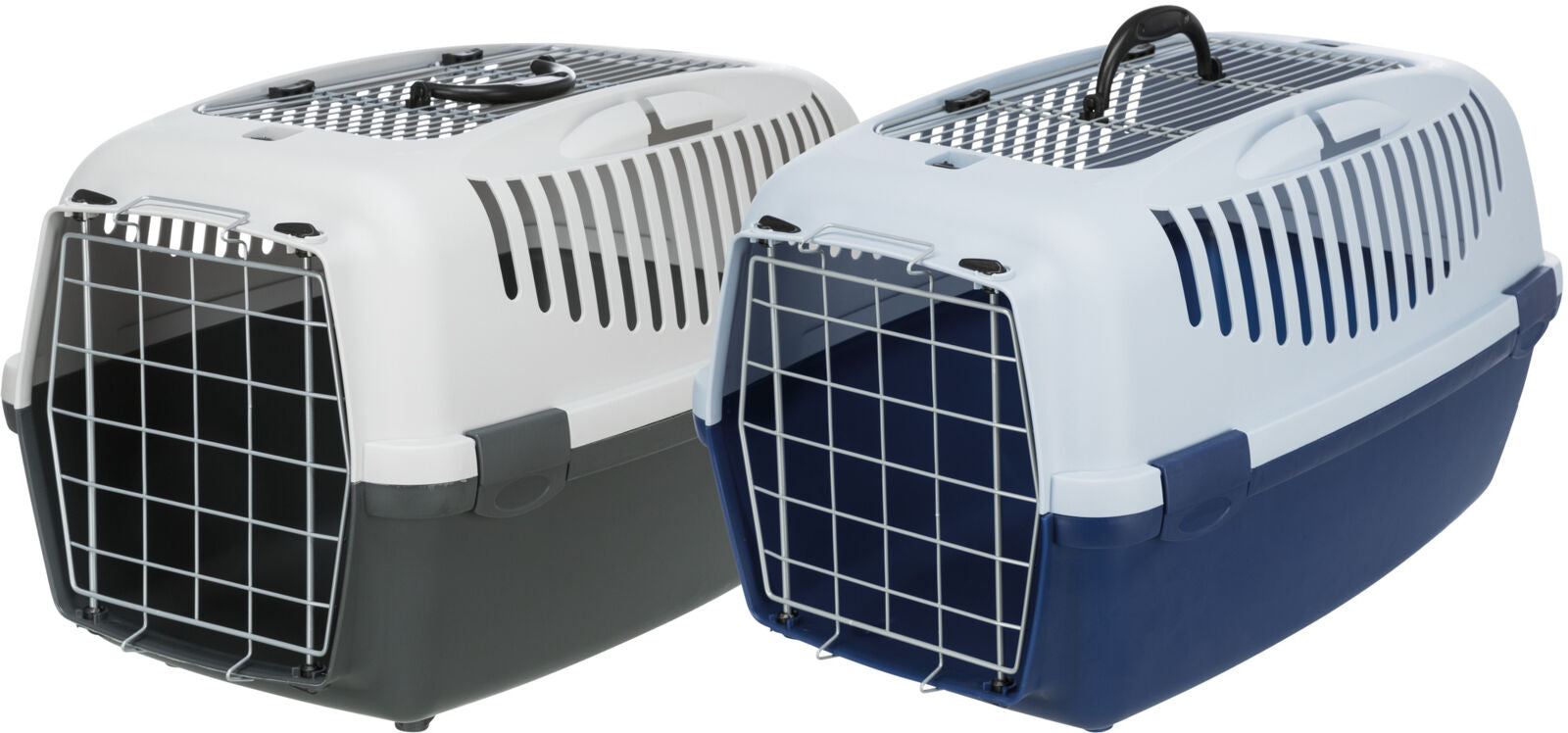 Zwei Transportboxen mit Gittern vorne, eine blau-weiß, die andere grau-weiß, mit Griffen oben.