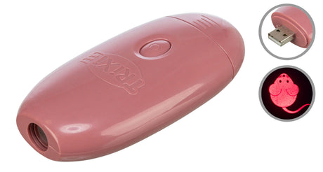 Rosa USB-Gerät mit Power-Taste und Projektor, zeigt ein rotes Mausbild, USB-Anschluss an der Seite.
