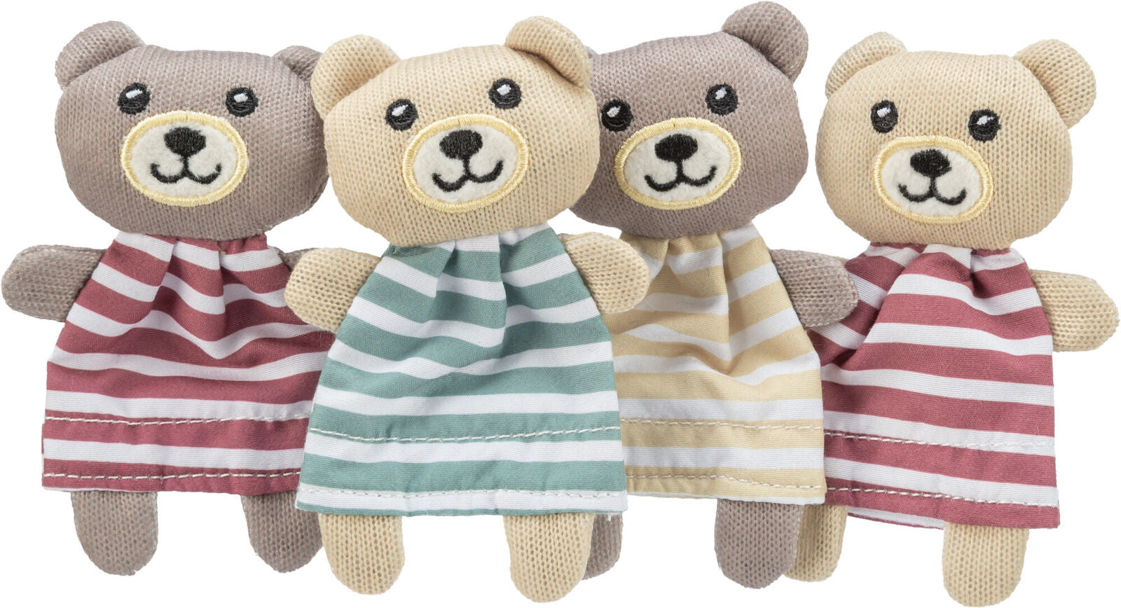 Vier lächelnde Plüschbären tragen gestreifte Stoffkleider in Rot, Grün, Beige und Rot mit fröhlichen Gesichtern.