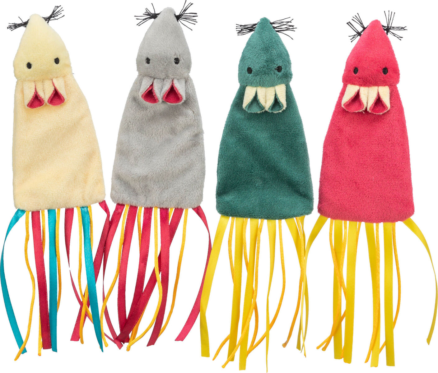 Vier bunte Stoffspielzeuge in Form von Tintenfischen mit baumelnden Bändern, Farben sind Gelb, Grau, Grün und Rot.