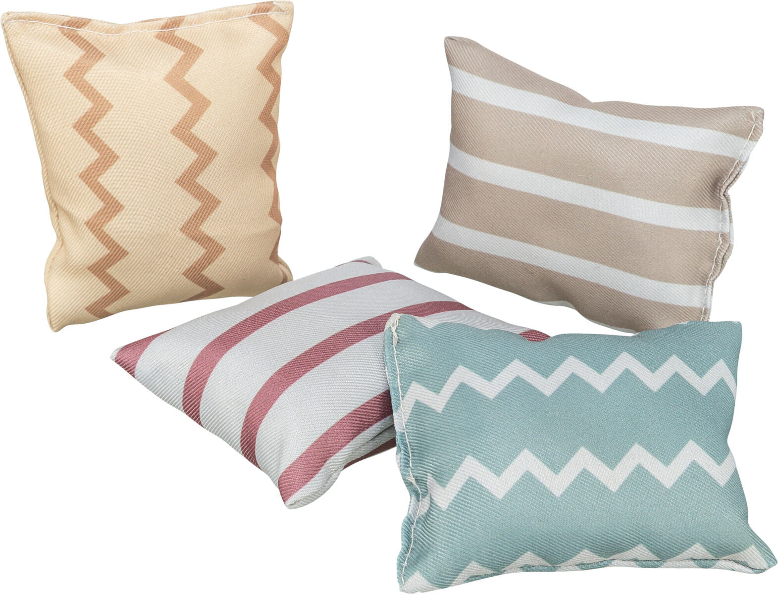 Vier dekorative Kissen in verschiedenen Farben und Mustern: beige Zickzack, graue Streifen, rosa Streifen, blau Zickzack.